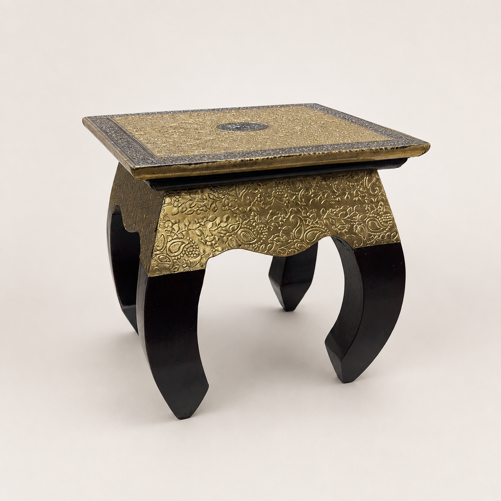 Angled view of the Gilded Paisley Square Decorative Stool
