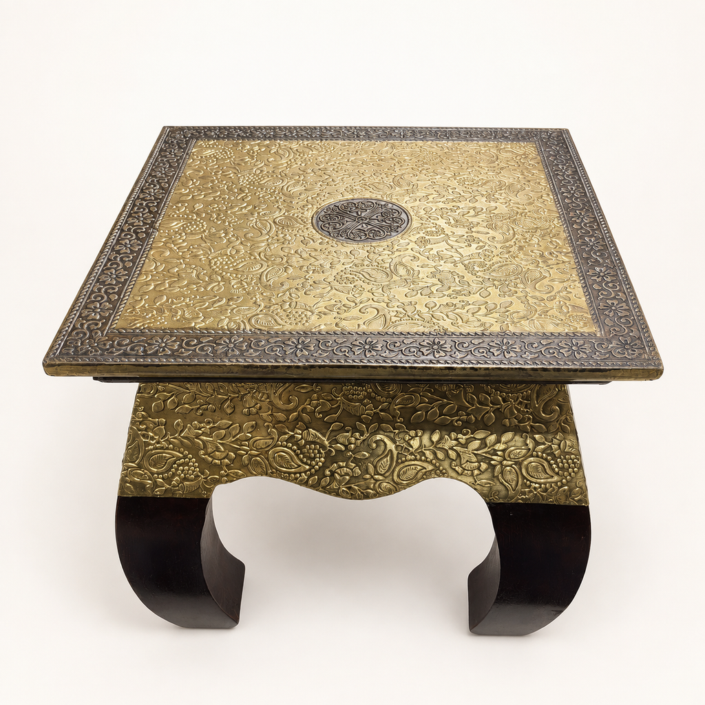 Front view showing the ornate top and curved dark legs of the decorative stool