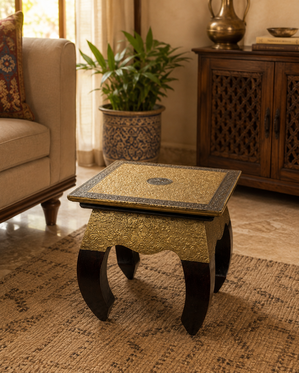 Gilded Paisley Square Decorative Stool styled in a warm living room