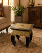Gilded Paisley Square Decorative Stool styled in a warm living room