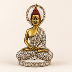 Antique gold, ivory and burgundy halo Buddha sculpture, front view