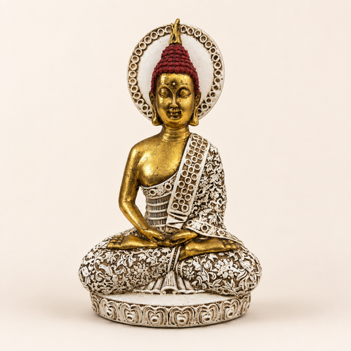 Antique gold, ivory and burgundy halo Buddha sculpture, front view