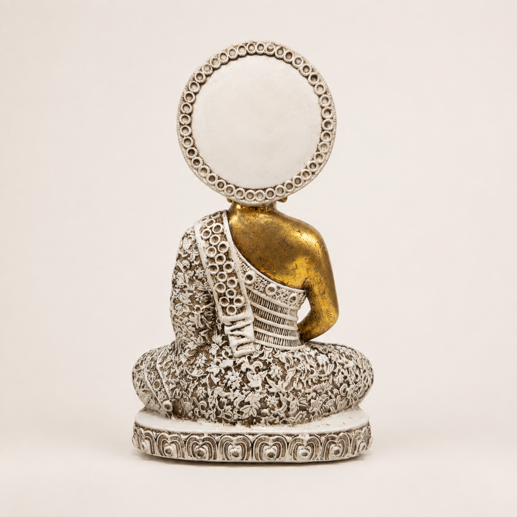 Antique gold, ivory and burgundy halo Buddha sculpture, rear view