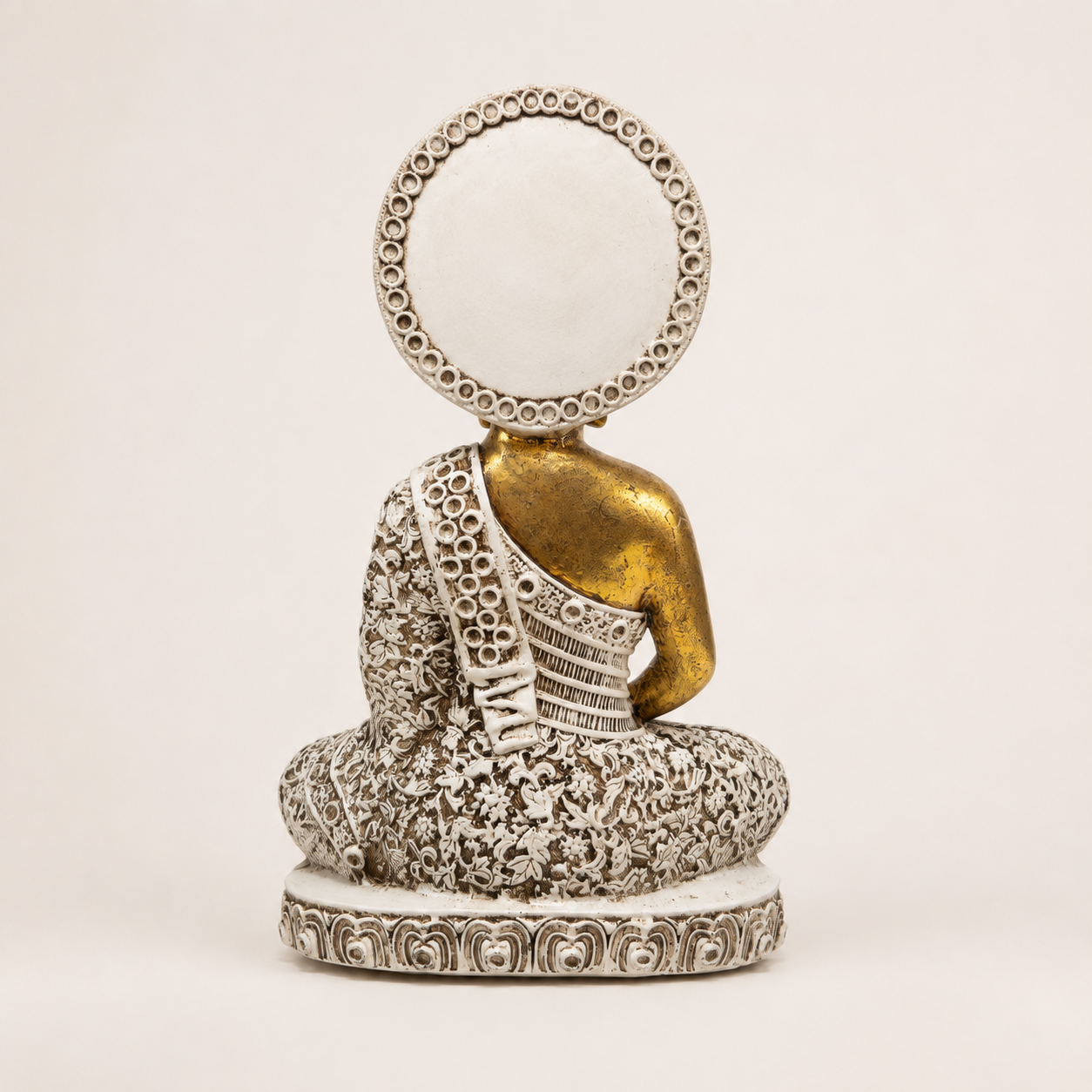Antique gold, ivory and burgundy halo Buddha sculpture, rear view