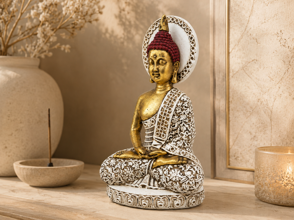 Antique gold and ivory halo Buddha sculpture styled on a console