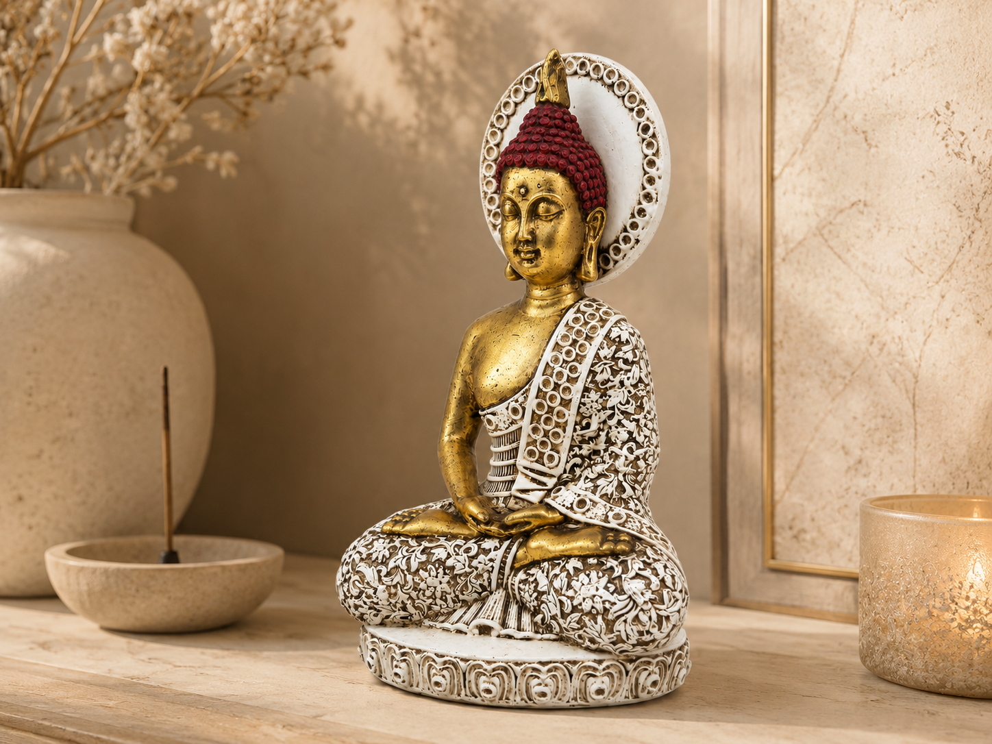 Antique gold and ivory halo Buddha sculpture styled on a console