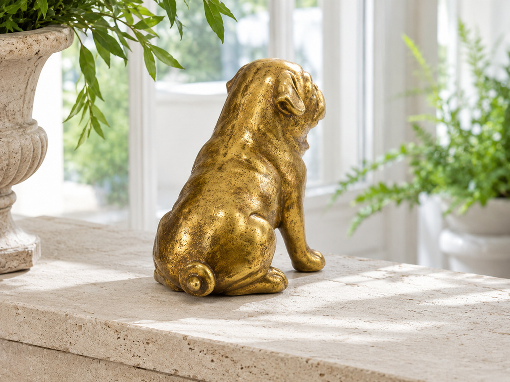 Golden pug sculpture styled on a light console, rear view