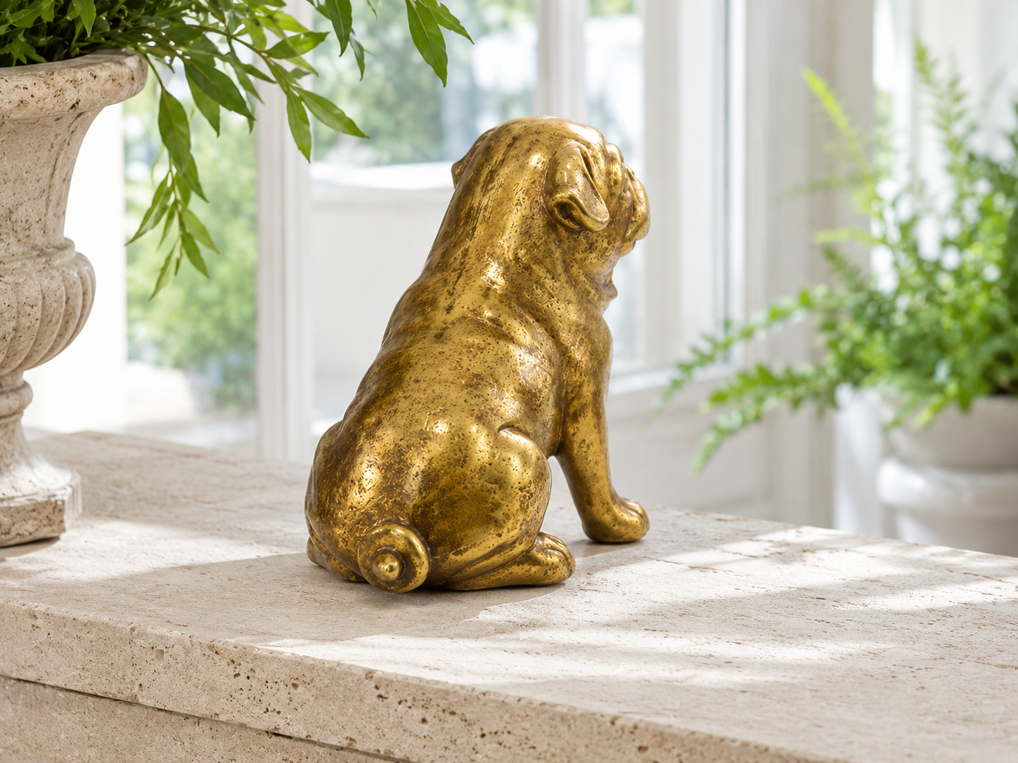 Golden pug sculpture styled on a light console, rear view