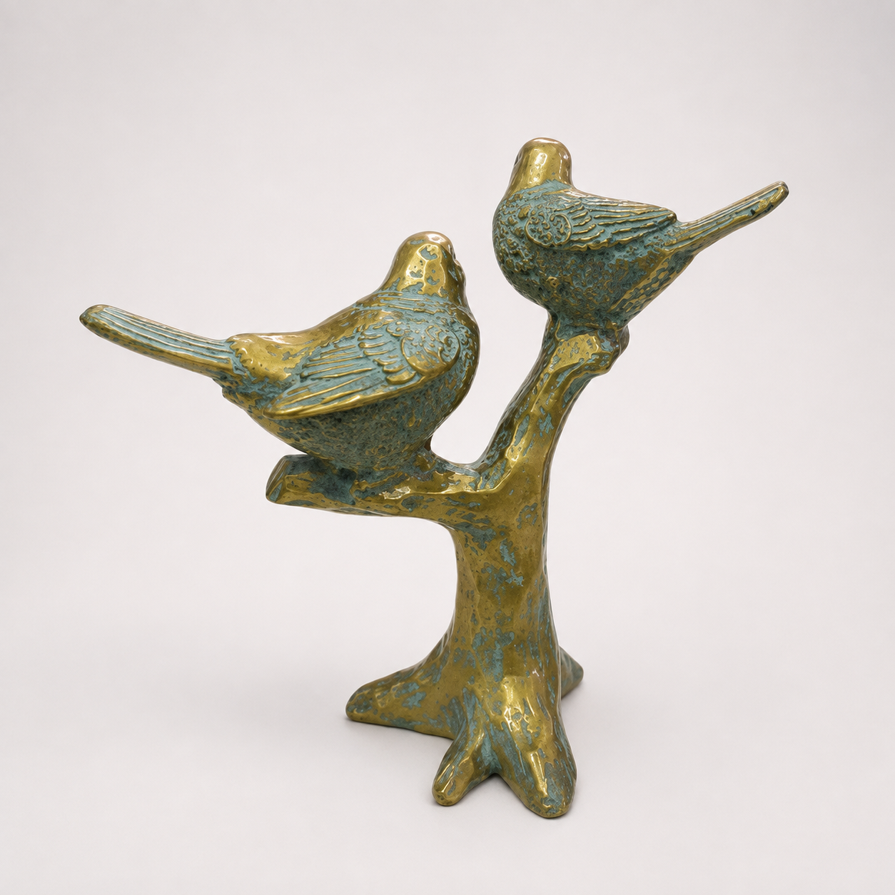 Antique teal and gold pair of songbirds on a branch sculpture, rear view