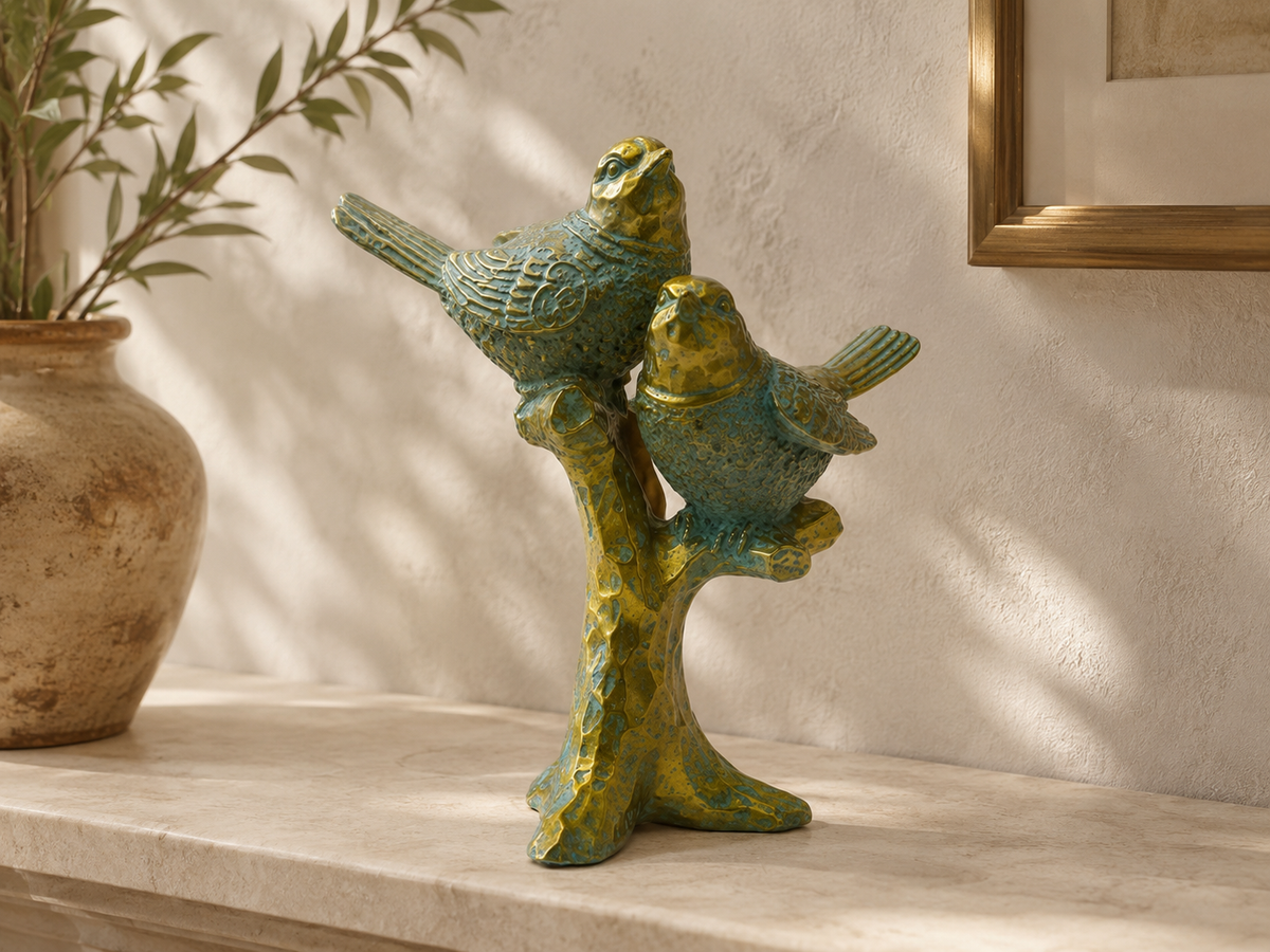 Pair of antique teal and gold songbirds styled in a sunlit interior