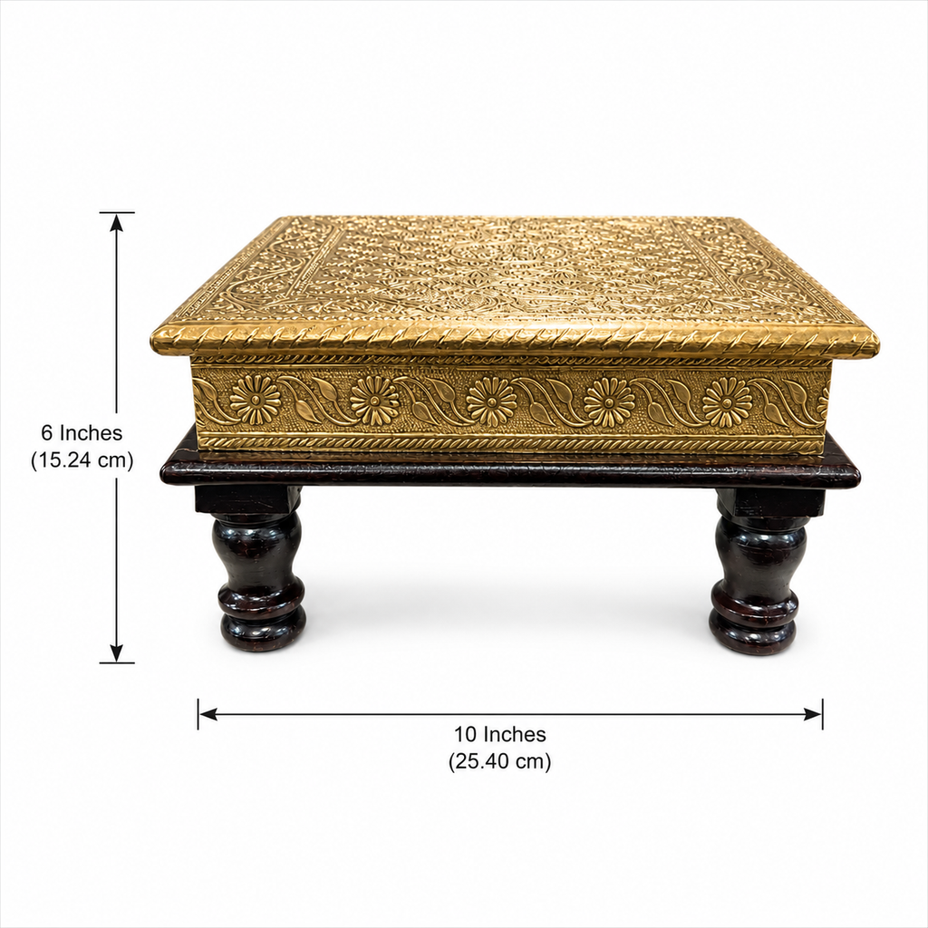 Golden Floral Lattice Square Decorative Chowki dimensions: 10 inches square and 6 inches high