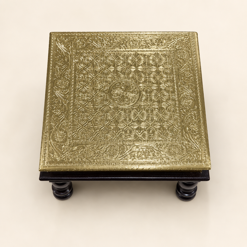 Top view of the ornate Golden Floral Lattice Square Decorative Chowki