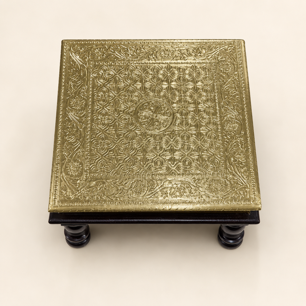 Top view of the ornate Golden Floral Lattice Square Decorative Chowki