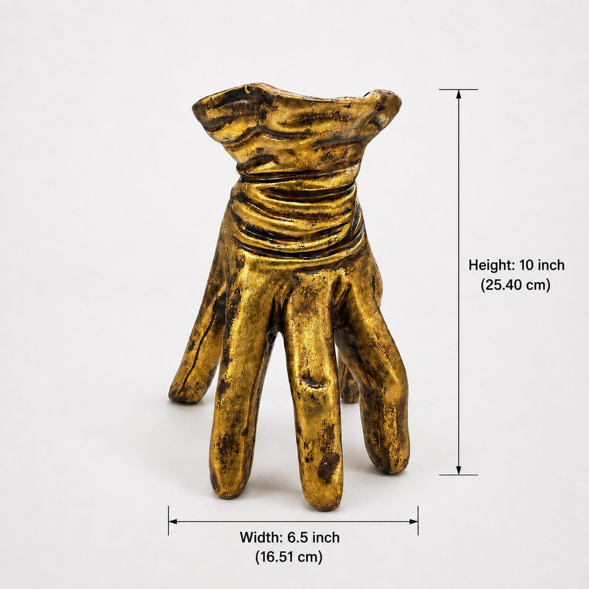 Golden Gesture hand-shaped decorative pot with product dimensions