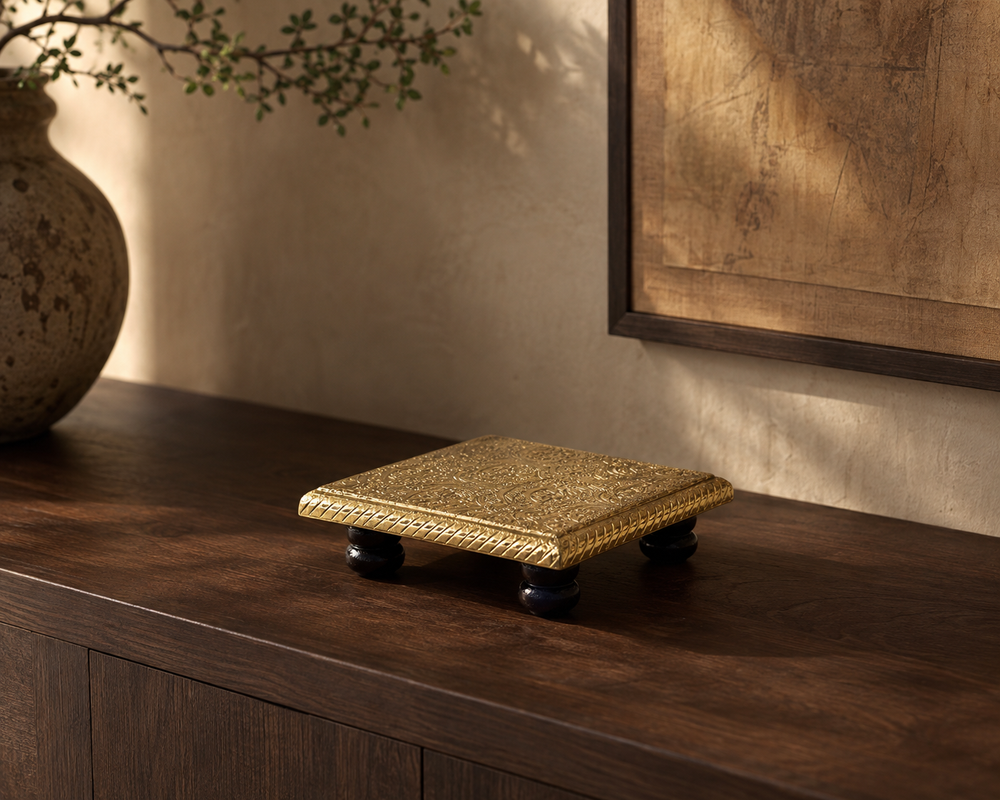 Golden Heritage Mini Decorative Chowki styled on a wooden console