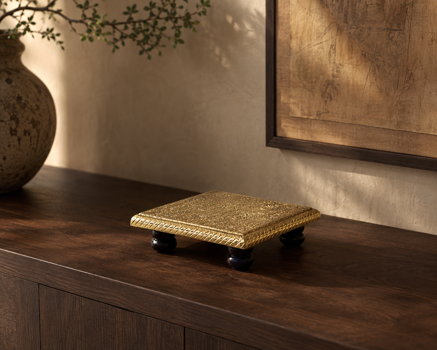 Golden Heritage Mini Decorative Chowki styled on a wooden console