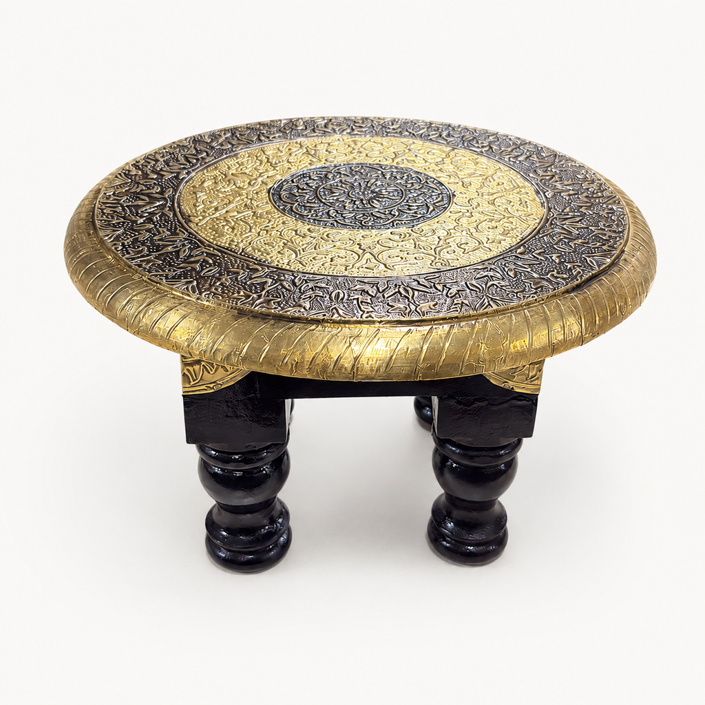 Close view of one Golden Mandala Round Decorative Chowki