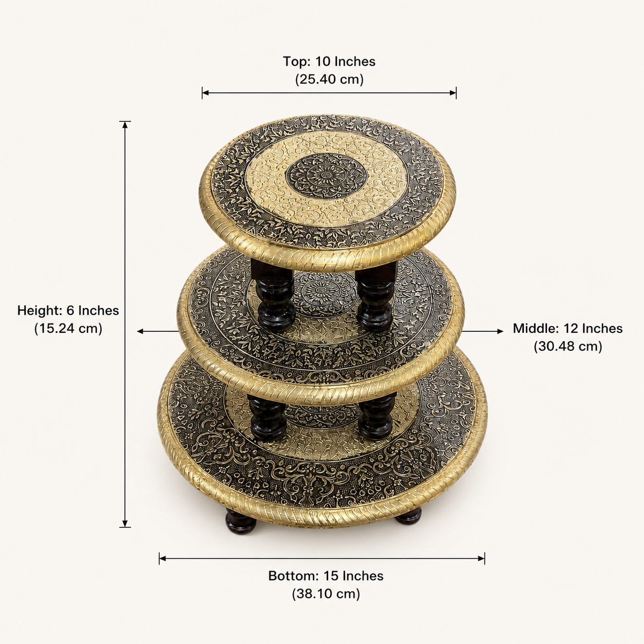 Dimensions: 10, 12, and 15-inch diameters, each 6 inches high