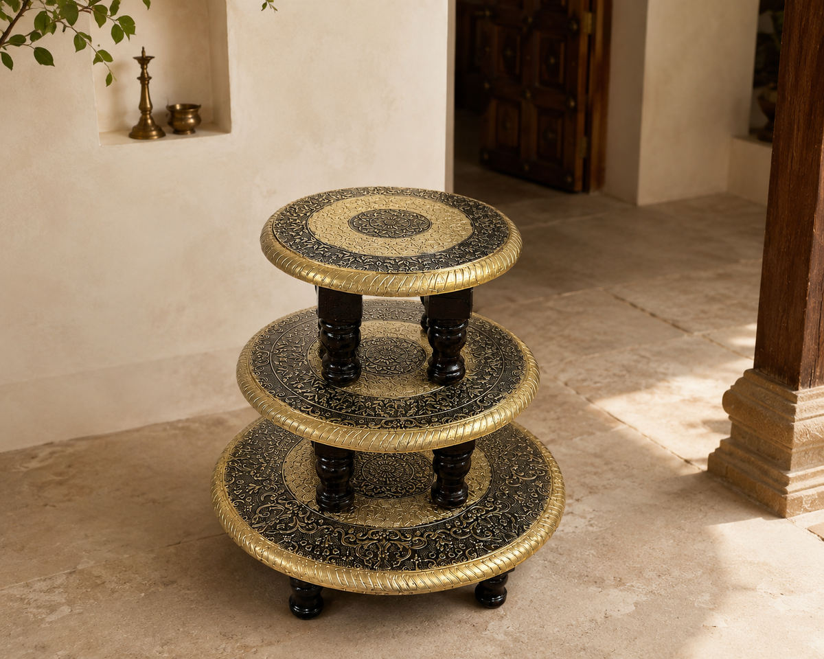 Golden Mandala Round Decorative Chowki Set of 3 styled in a heritage-inspired interior