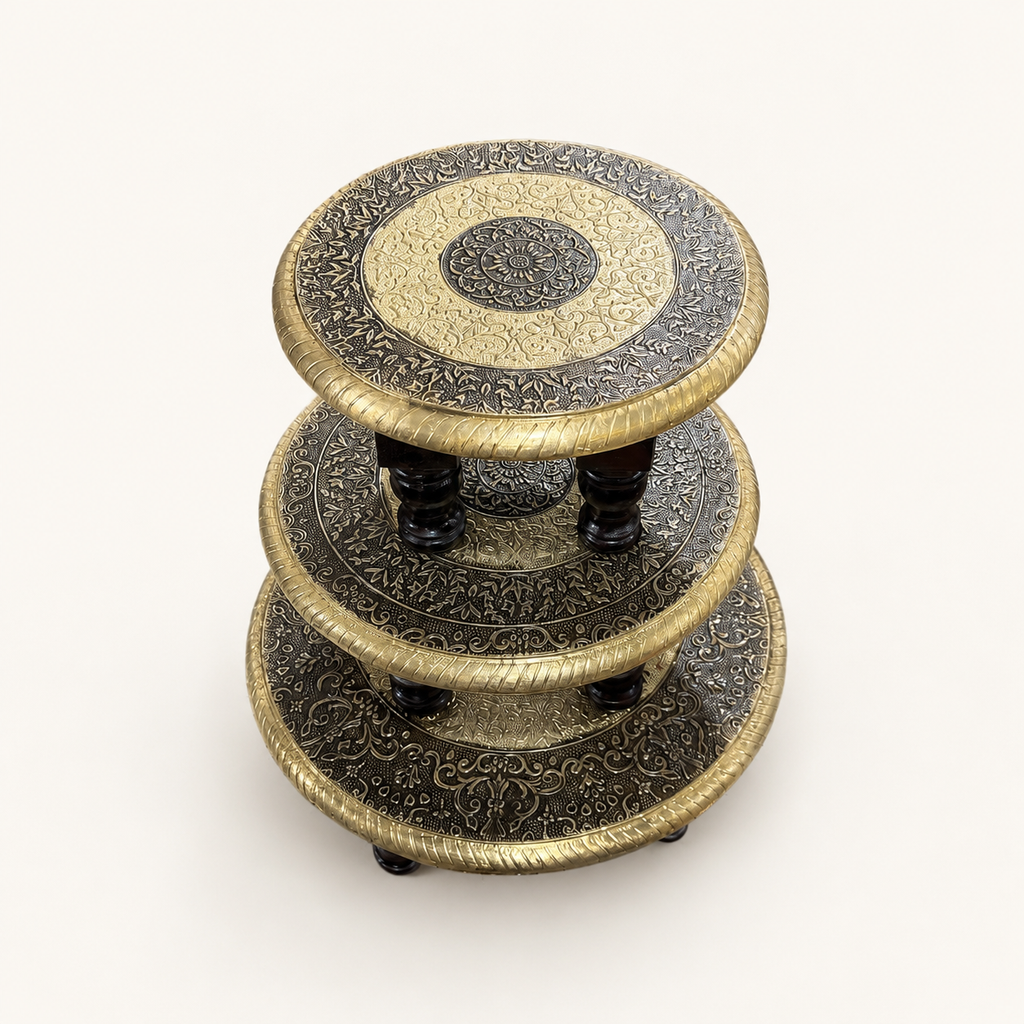 Three graduated sizes in the Golden Mandala Round Decorative Chowki Set