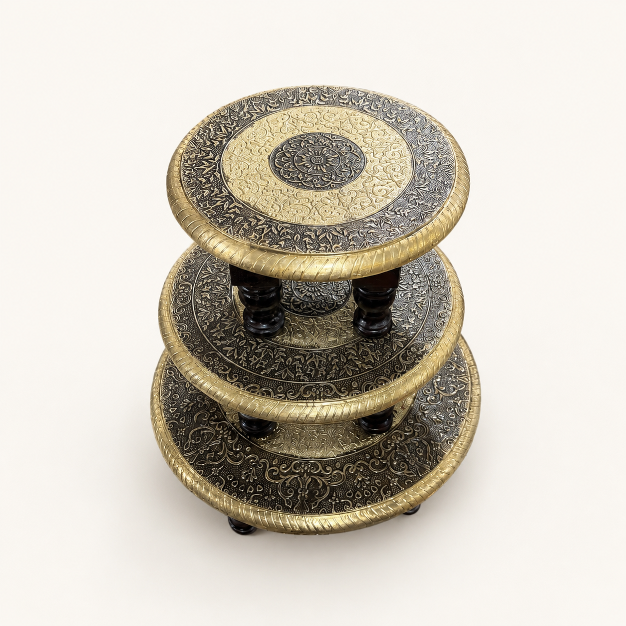 Three graduated sizes in the Golden Mandala Round Decorative Chowki Set