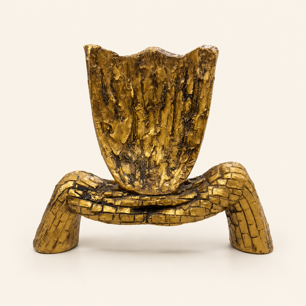 Golden mosaic face sculpture on a curved base, back view