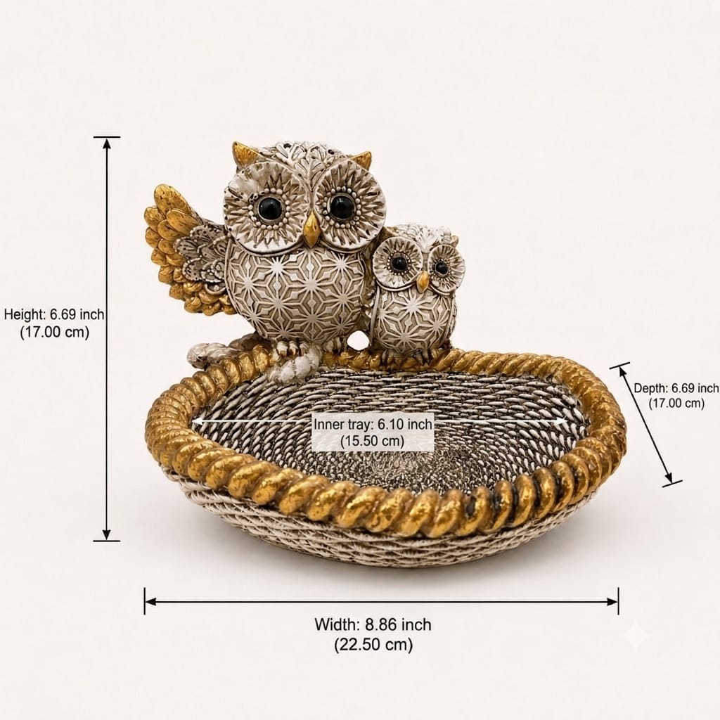 Golden owl duo decorative tray with product dimensions