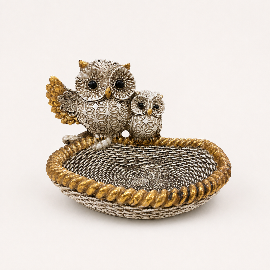 Golden and ivory owl duo decorative tray, front view