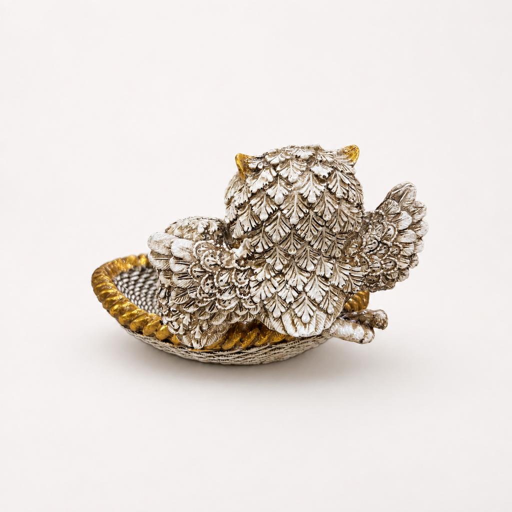 Golden and ivory owl duo decorative tray, rear detail