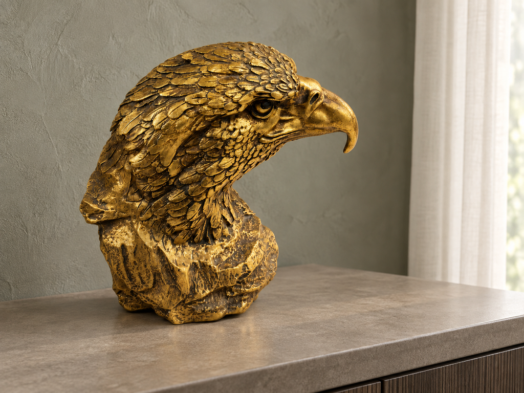 Golden Sentinel eagle bust on a console beside a softly lit window