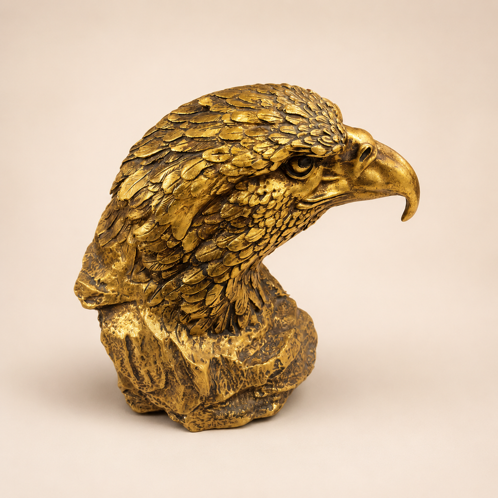 Golden Sentinel eagle bust sculpture in an antique gold-tone finish, showing layered feathers and a hooked beak