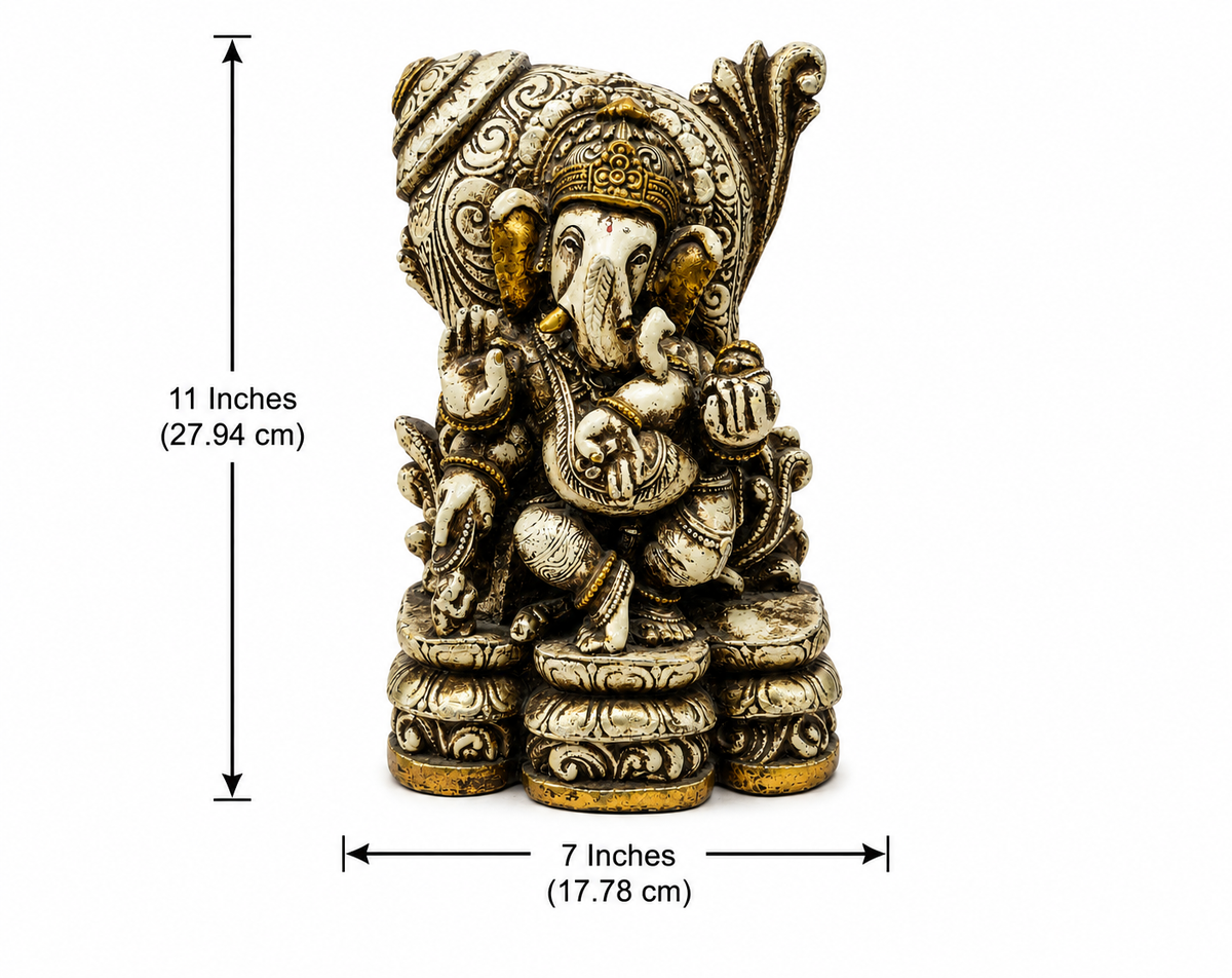 Ganesha idol dimension image showing 11 inches in height and 7 inches in width, 27.94 by 17.78 cm