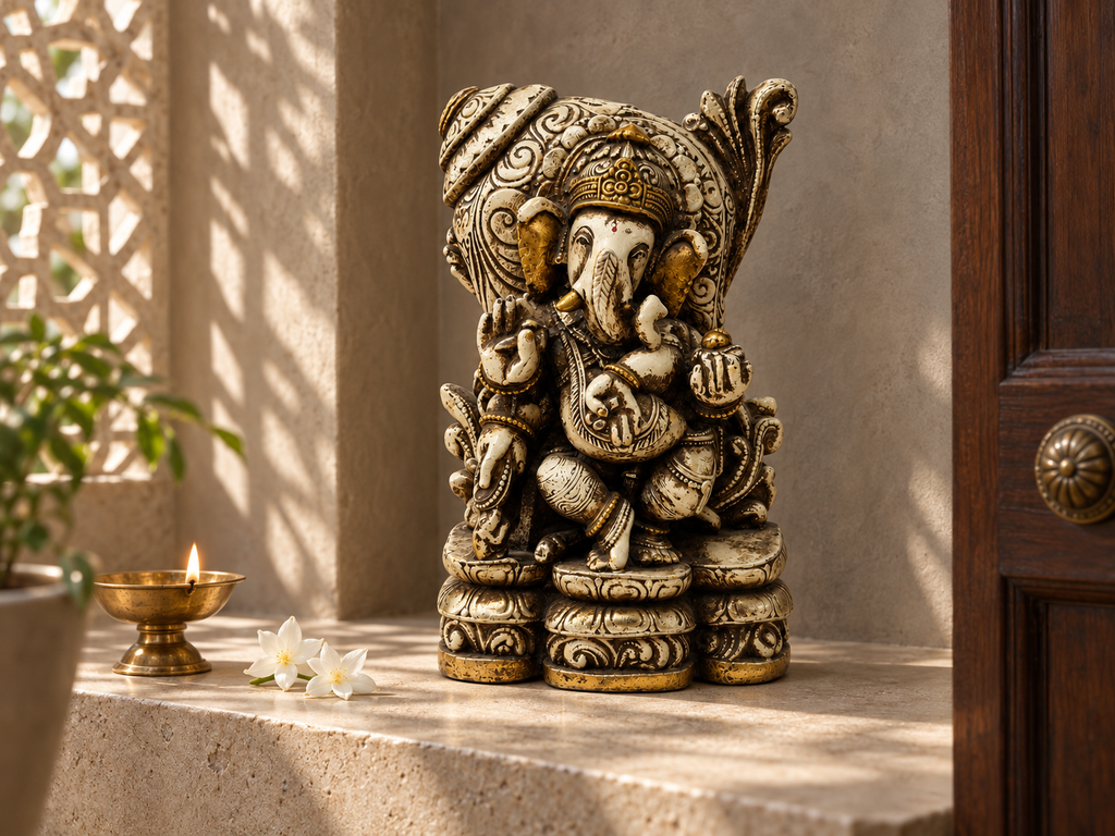 Heritage Grace Ganesha idol on a sunlit stone altar beside a lamp and white flowers