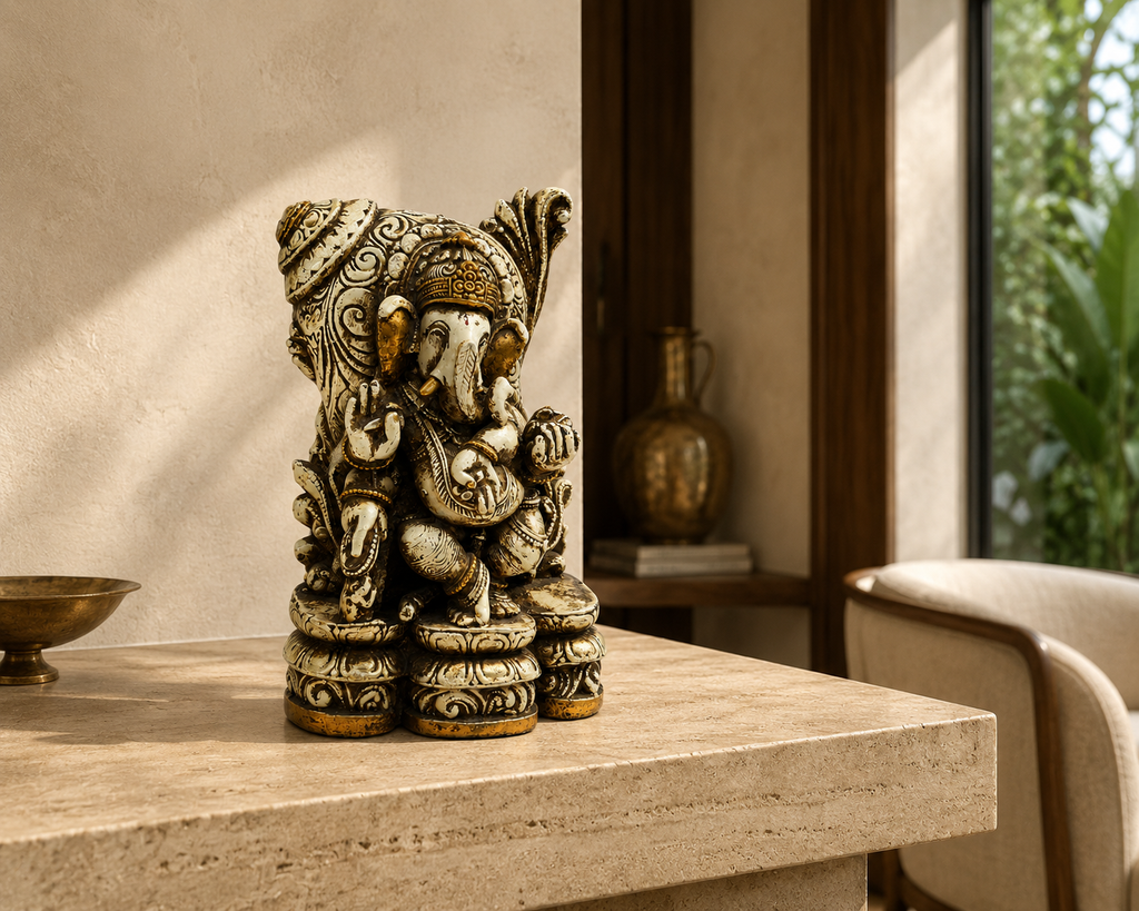 Heritage Grace Ganesha idol displayed on a stone console in a warm sunlit interior