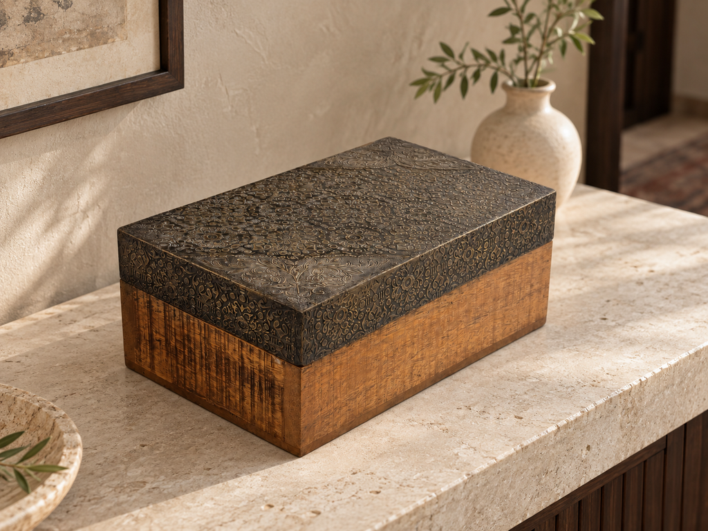 Heritage Paisley Wooden Keepsake Box styled on a light stone console beside a vase