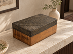 Heritage Paisley Wooden Keepsake Box styled on a light stone console beside a vase
