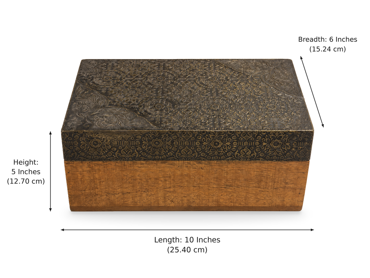 Wooden keepsake box dimensions: length 10 inches, width 6 inches, height 5 inches