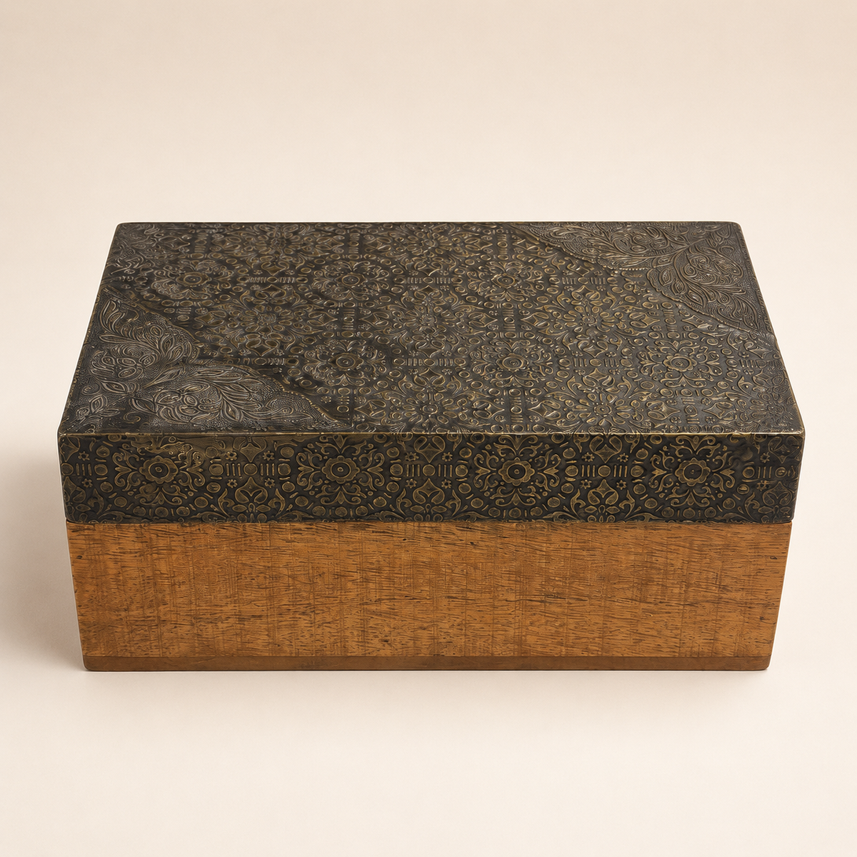 Front view of the wooden keepsake box with antique bronze-tone floral and paisley lid