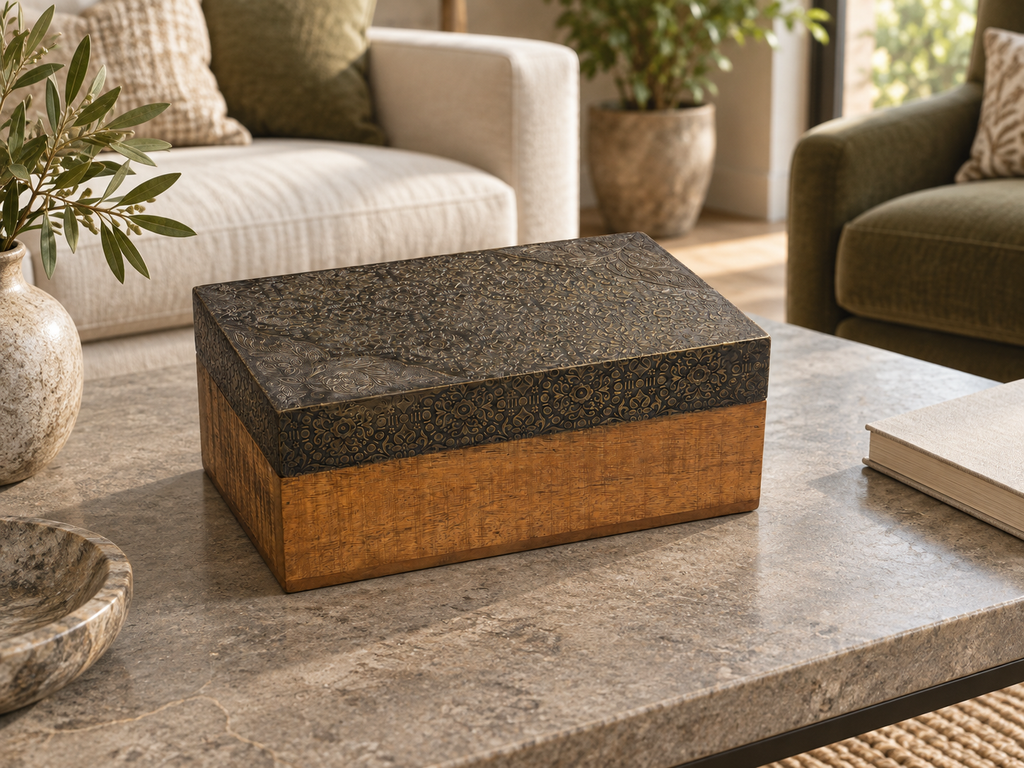 Heritage Paisley Wooden Keepsake Box displayed on a living room coffee table