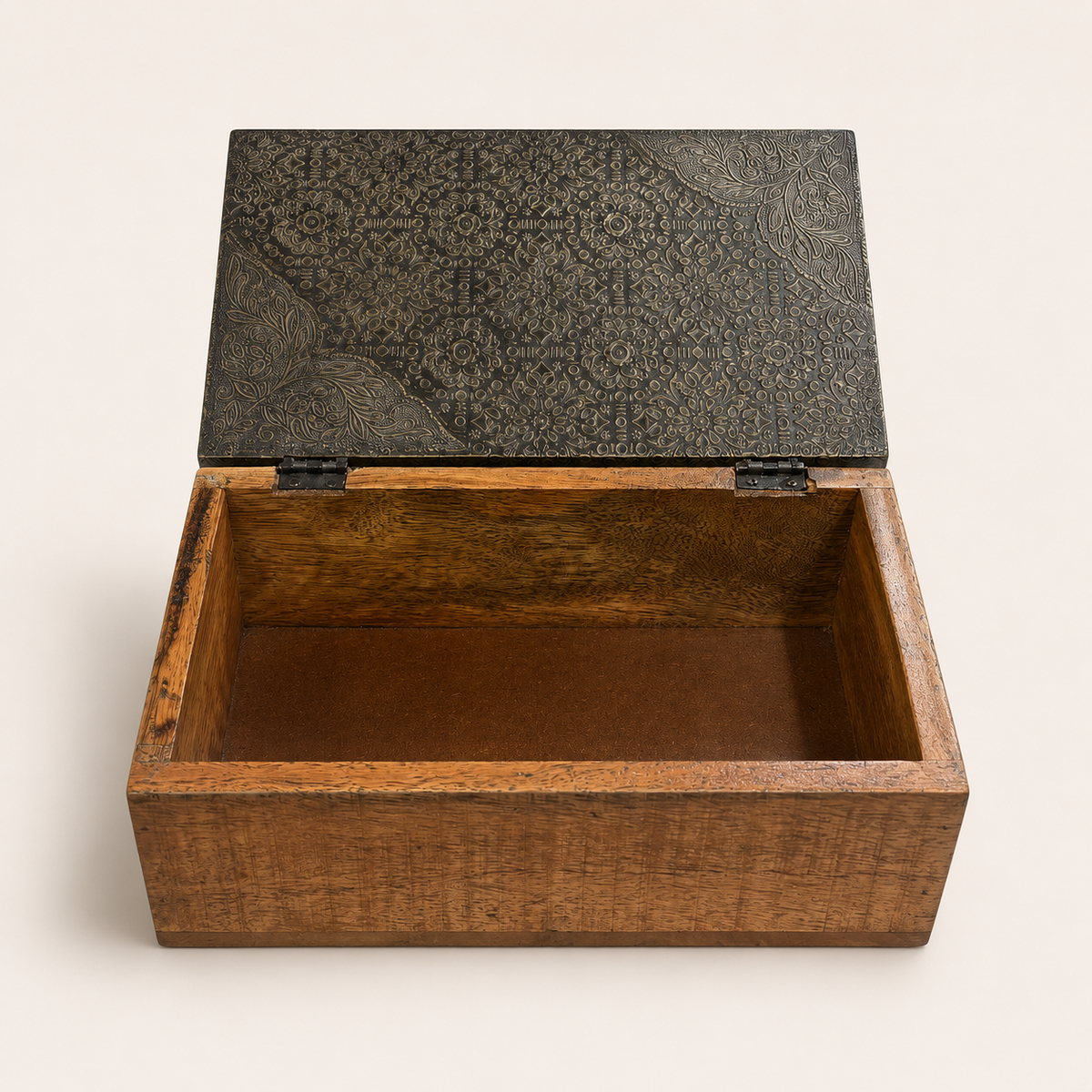 Open Heritage Paisley Wooden Keepsake Box showing hinged lid and single storage compartment