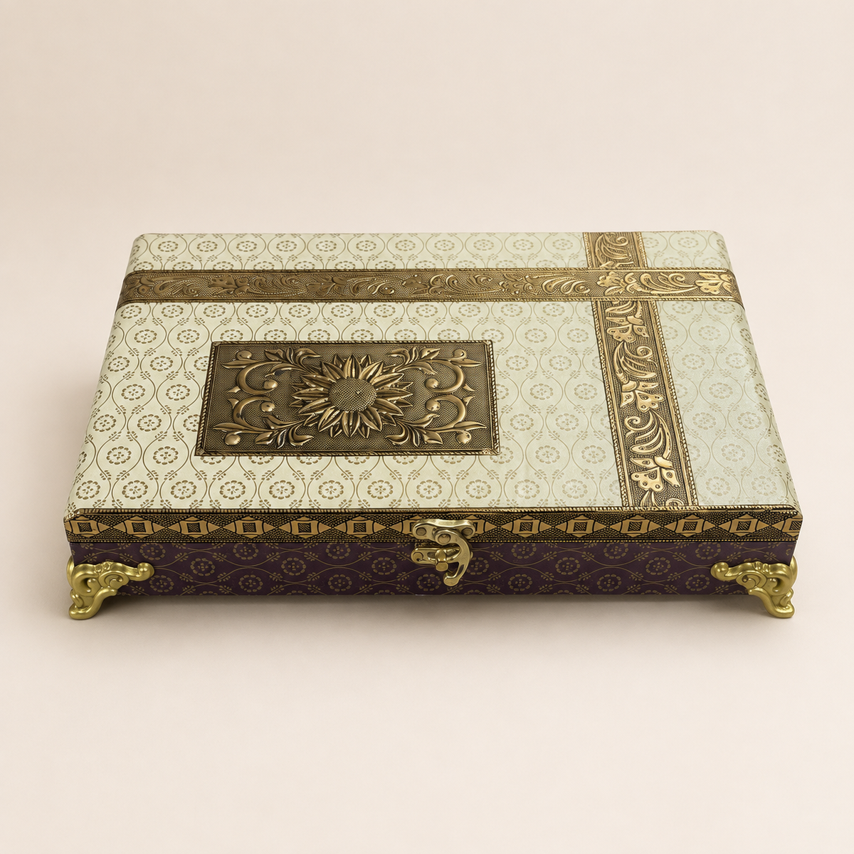 Ivory Bloom Decorative Jewellery Organiser Box with ivory-coloured floral lid, plum base and gold-tone clasp
