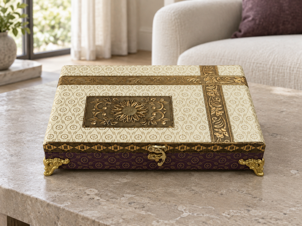 Closed ivory and gold-tone decorative organiser box styled on a living room coffee table