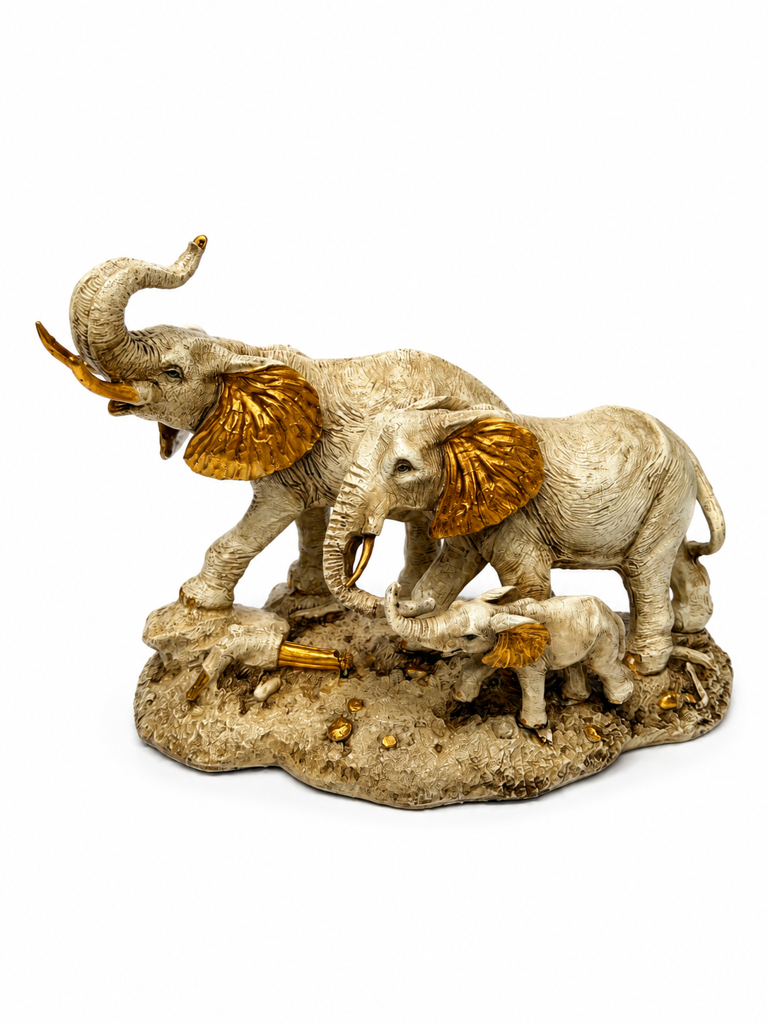 Front view of ivory and gold elephant family decorative sculpture