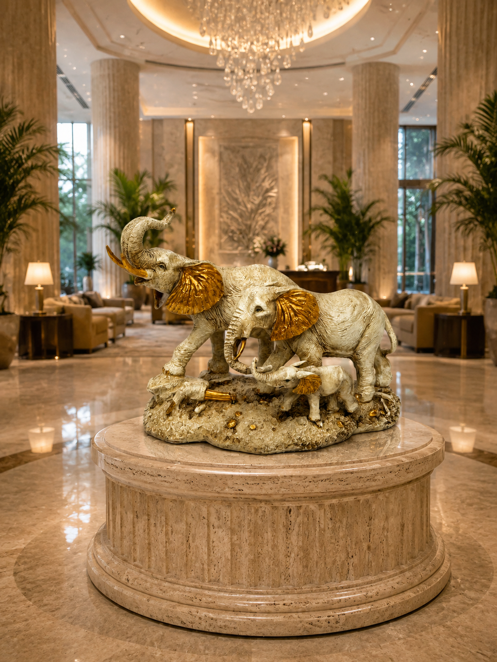 Elephant family sculpture displayed in an elegant interior
