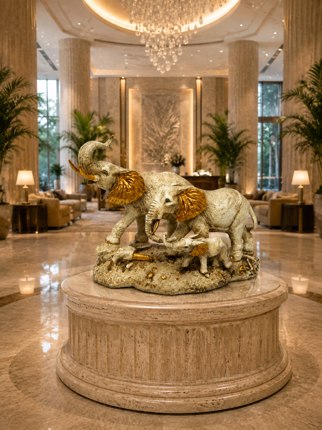 Elephant family sculpture displayed in an elegant interior