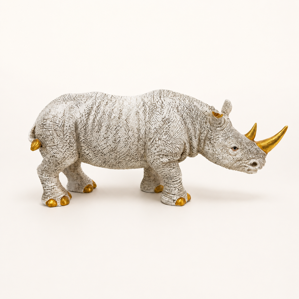 Ivory and gold decorative rhino sculpture, side view