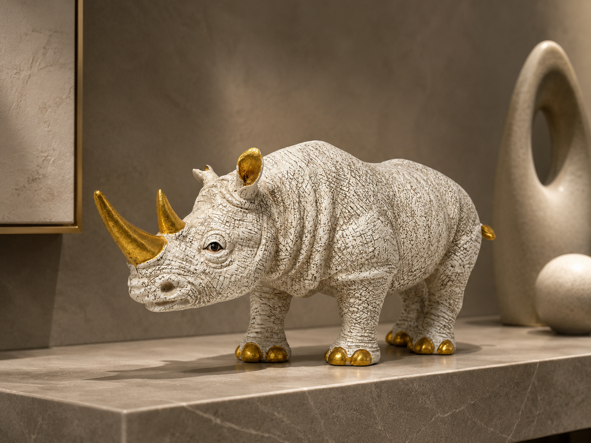 Ivory and gold rhino sculpture styled on a stone console