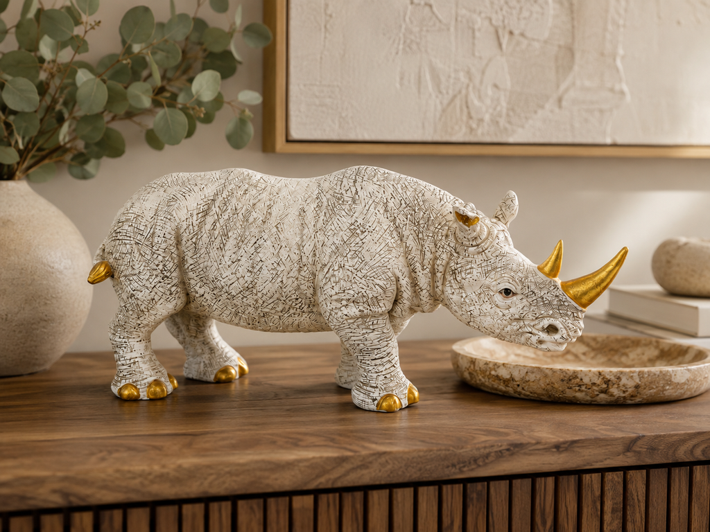 Ivory and gold rhino sculpture styled on a wooden console