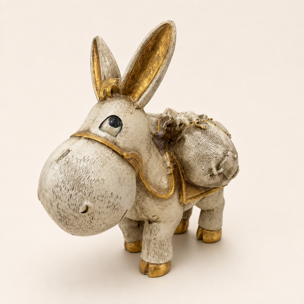 Antique ivory and gold traveller donkey sculpture with saddlebags, angled view