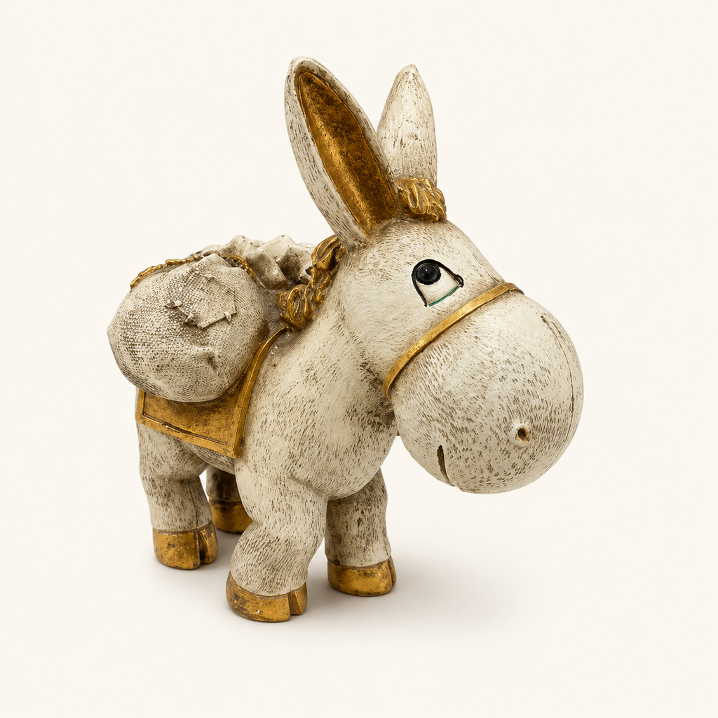 Antique ivory and gold traveller donkey sculpture with saddlebags, front view